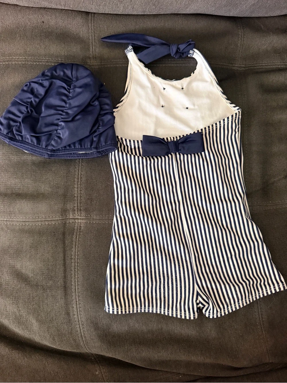 Janie and Jack Navy and White Striped One-Piece Swimsuit with Matching Cap